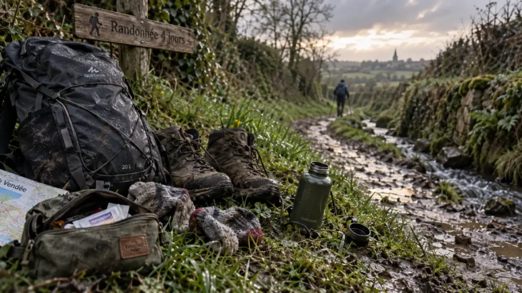 Randonnée 4 jours Chantonnay Vendée : sac, chemin bocage et ruisseau