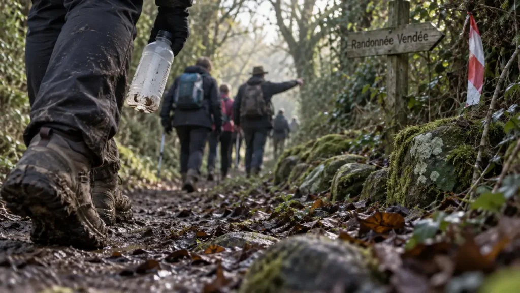Randonnée organisée en Vendée sur chemin de bocage, marcheurs guidés dans le sous-bois