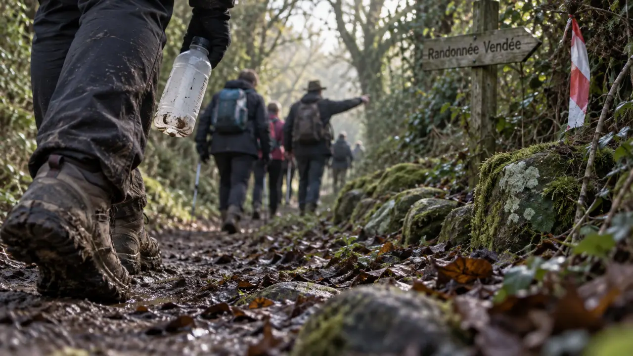Randonnée organisée en Vendée sur chemin de bocage, marcheurs guidés dans le sous-bois