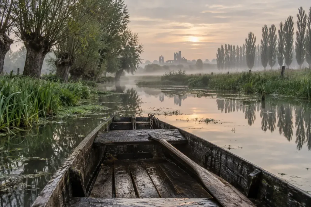 Tourisme marais poitevin Vendée : barque dans le canal vers l’abbaye de Maillezais