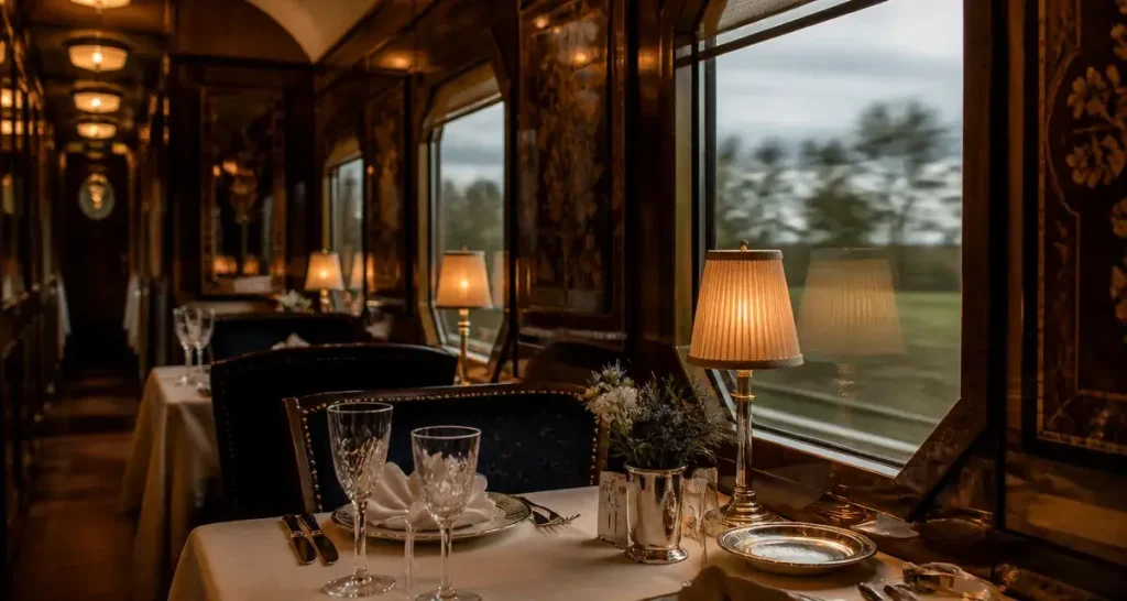 Train restaurant Vendée en voiture Orient Express, table dressée et boiseries.