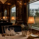 Train restaurant Vendée en voiture Orient Express, table dressée et boiseries.