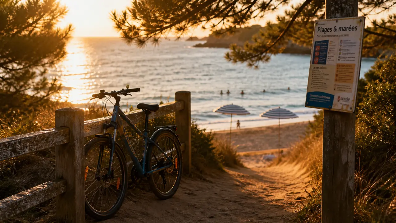 Vacances été Vendée : plage avec vélo au coucher du soleil