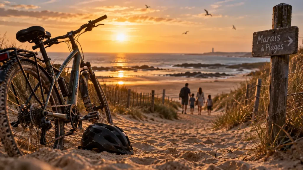 Vacances d’été en Vendée : vélo et casque sur sable, famille au bord de mer