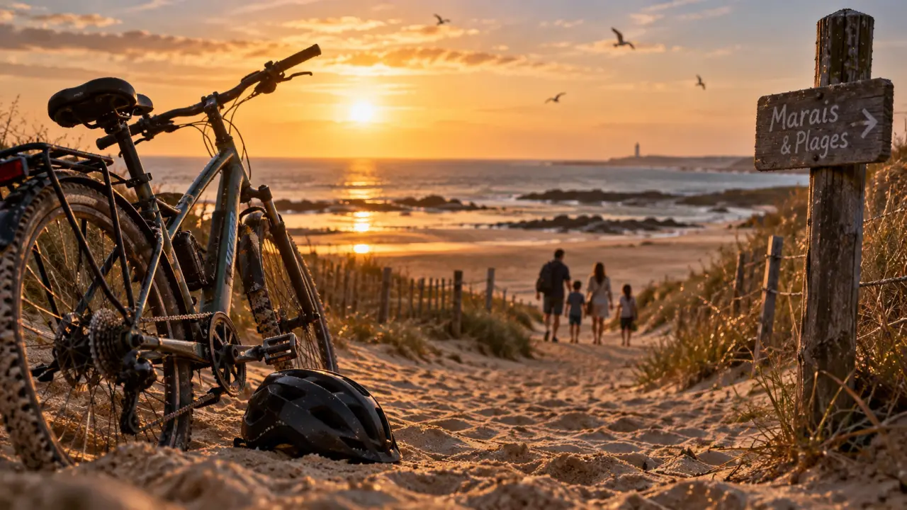 Vacances d’été en Vendée : vélo et casque sur sable, famille au bord de mer