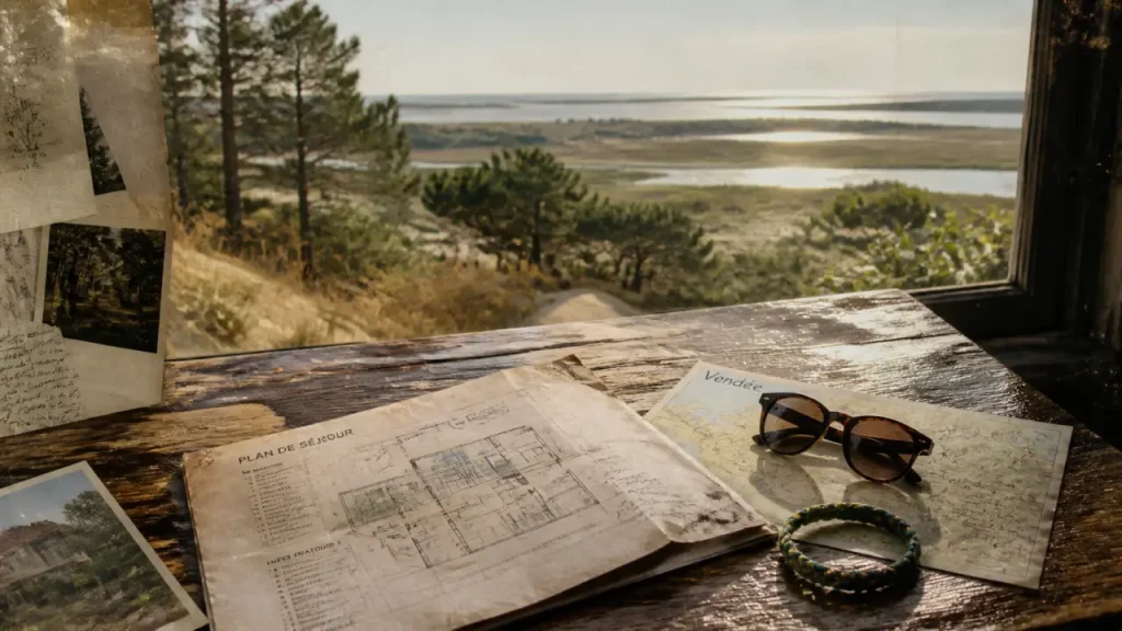 Vendée loisirs tourisme : carte et accessoires sur table, plages et marais à l’horizon
