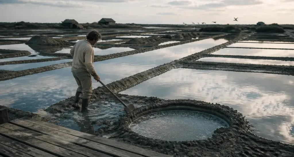 Visiter les marais salants Vendée : saunier dans les marais salants de Noirmoutier et Olonne