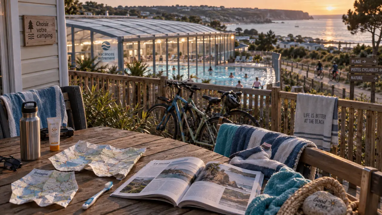 Camping l'aiguillon sur mer : terrasse de mobil-home, piscine couverte chauffée et famille