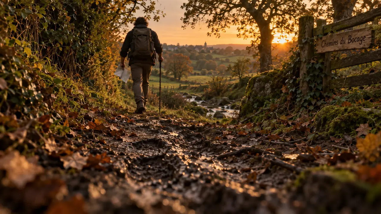 Chemin de randonnée Vendée en bocage, randonneur au golden hour