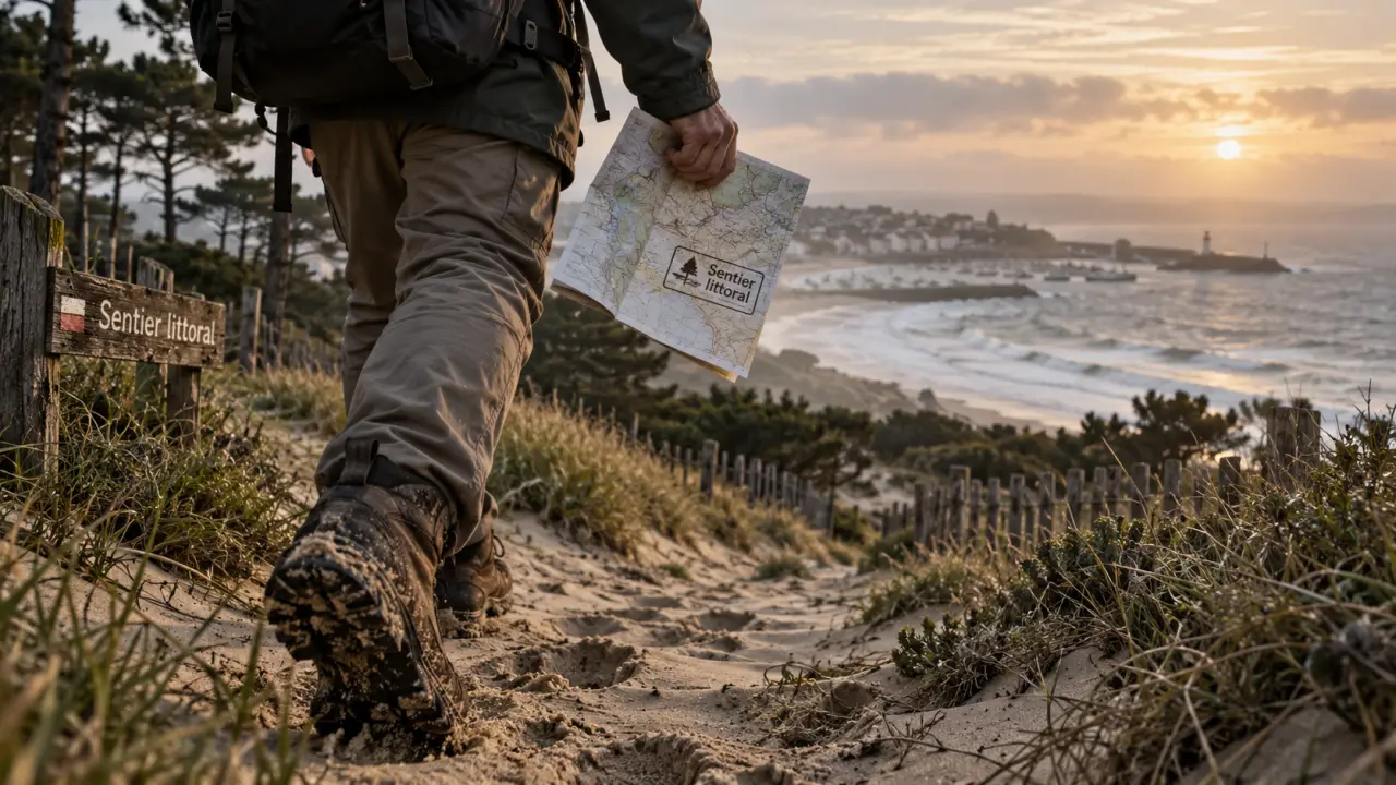 Guide randonnée Vendée : chaussures et randonneur sur le sentier littoral, dunes et Atlantique