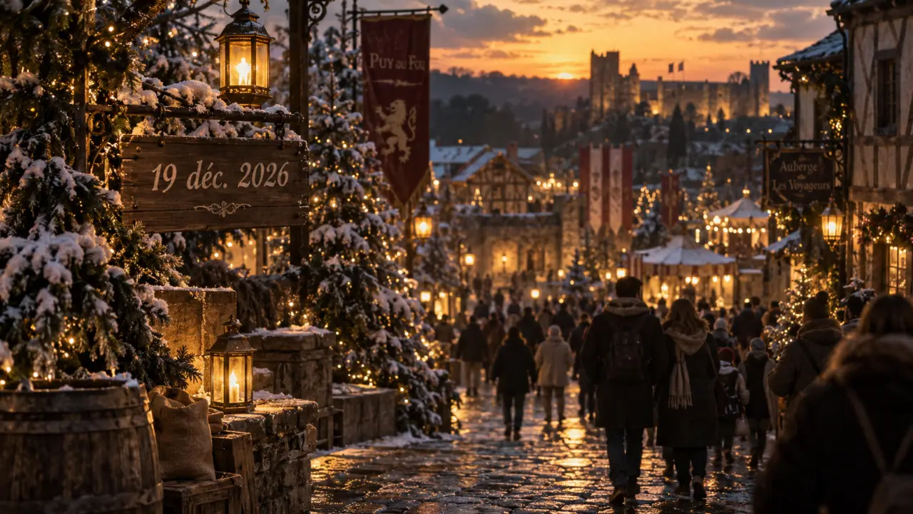 Noël du Puy du Fou : allée de sapins enneigés au golden hour