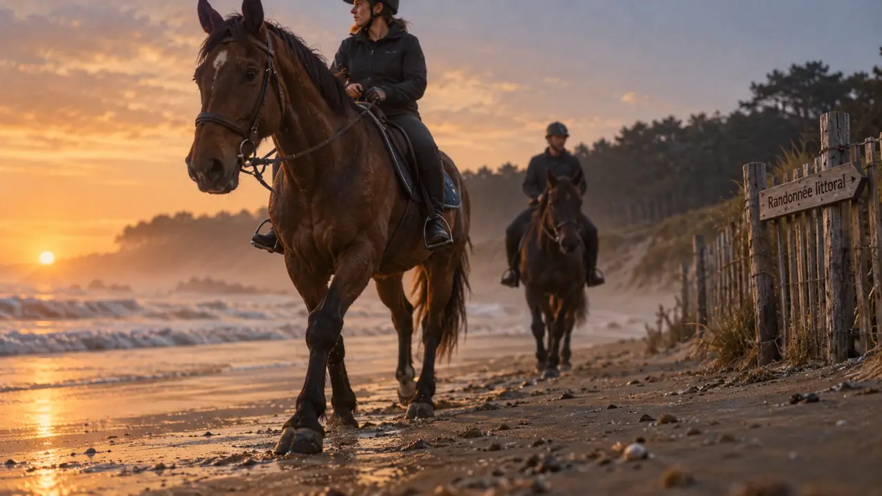 Randonnée équestre Vendée sur la plage au lever du soleil, cheval et cavaliers