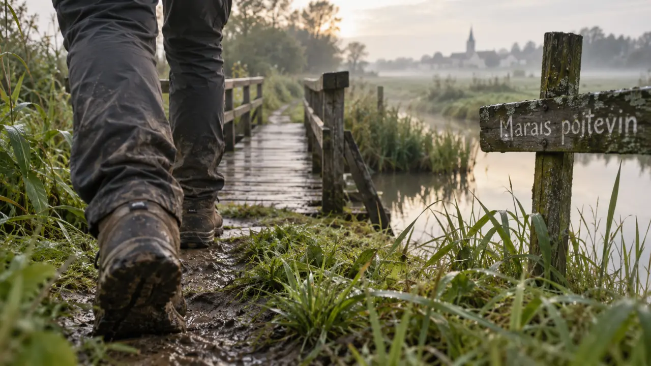 Randonnée sud Vendée : sentier dans le marais poitevin, passerelle en bois