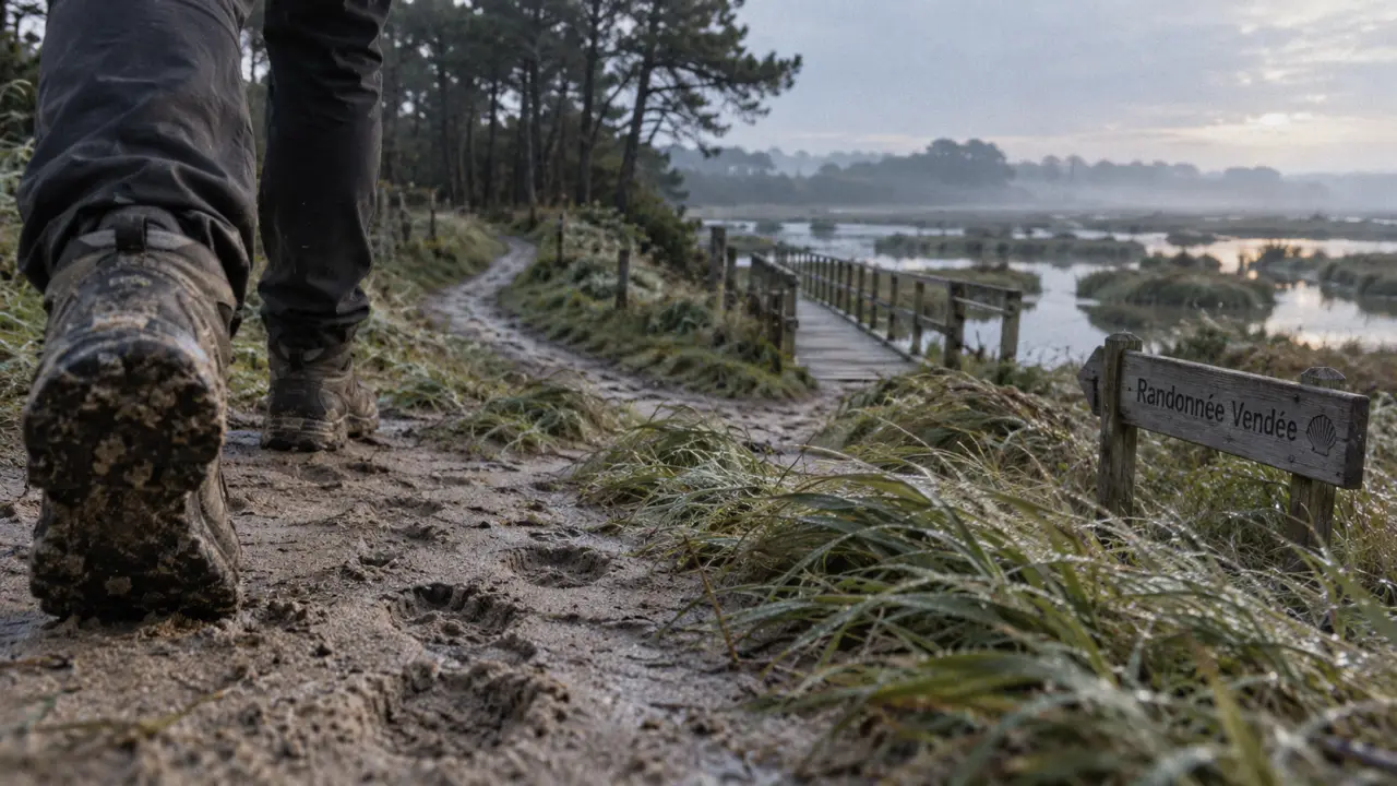 Randonnée Vendée 2024 : chaussures sur sentier sable vers marais et dunes