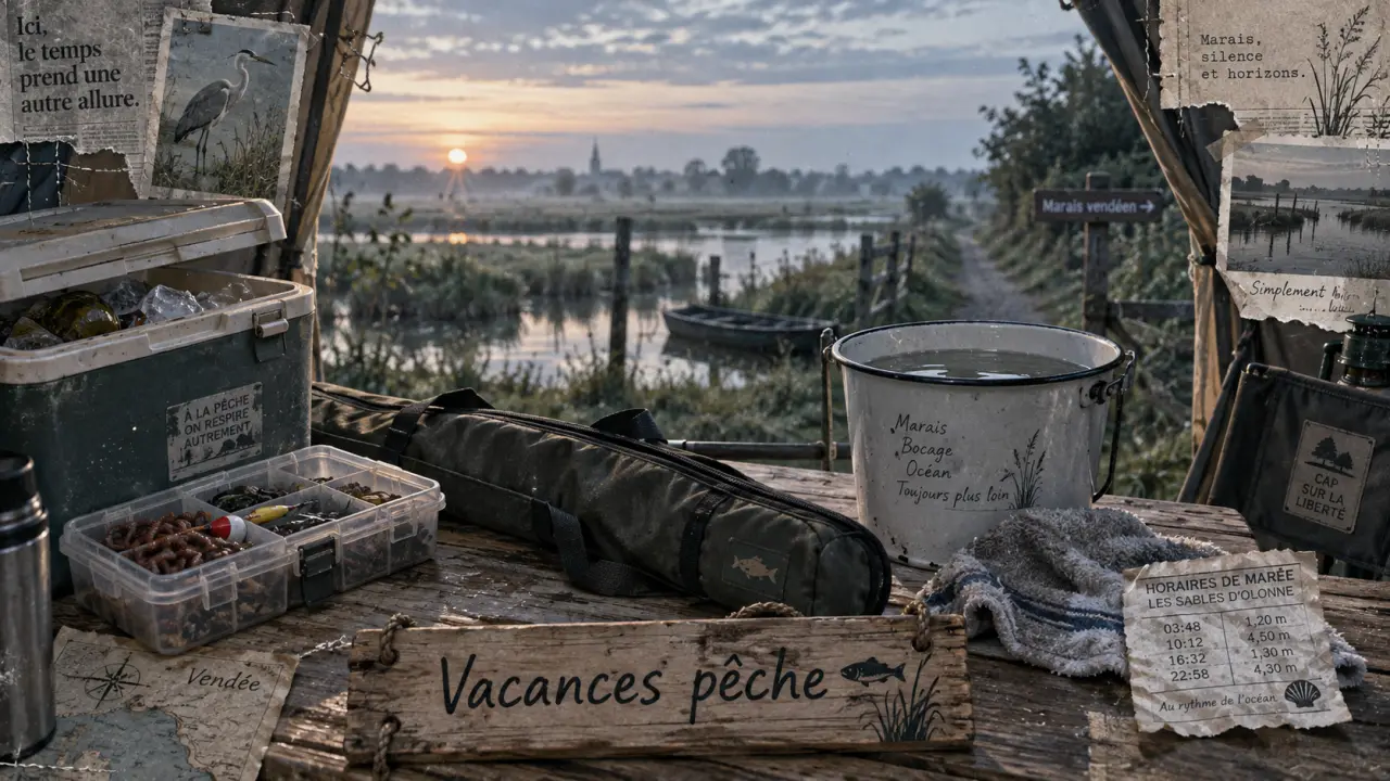 Vacances camping pour passionnés de pêche en Vendée : canne et appâts au bord des étangs et marais